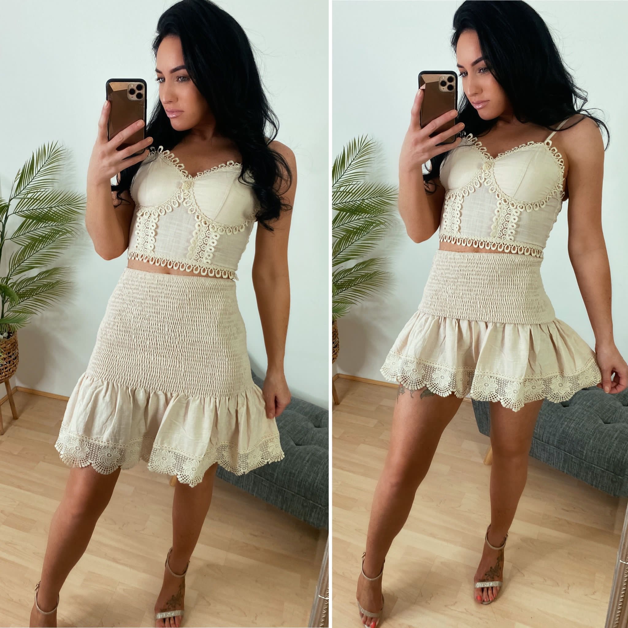 ZOELLA BEIGE BOOB TUBE EGYPTIAN COTTON TOP RARA STRETCH SKIRT Black