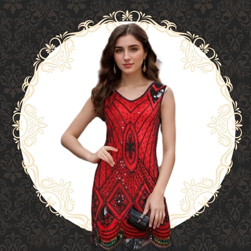 Great Gatsby Party Costume PLULON 1920s Flapper Dress Costume Set  Sequin  Fringe Gatsby Dress With 10-Piece Accessories Kit Gatsby Party Dress With  Accessories