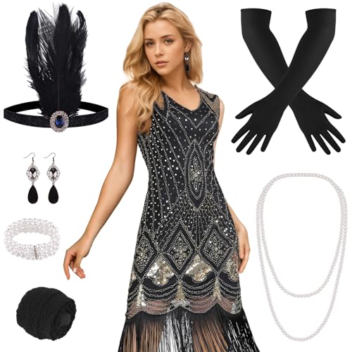 PLULON 1920s Dresses for Women, Sequin Fringed Gatsby Flapper Cocktail  Dresses 1920s with 20s Accessories Set, Roaring 20s Costumes - Style Heist   Style Heist