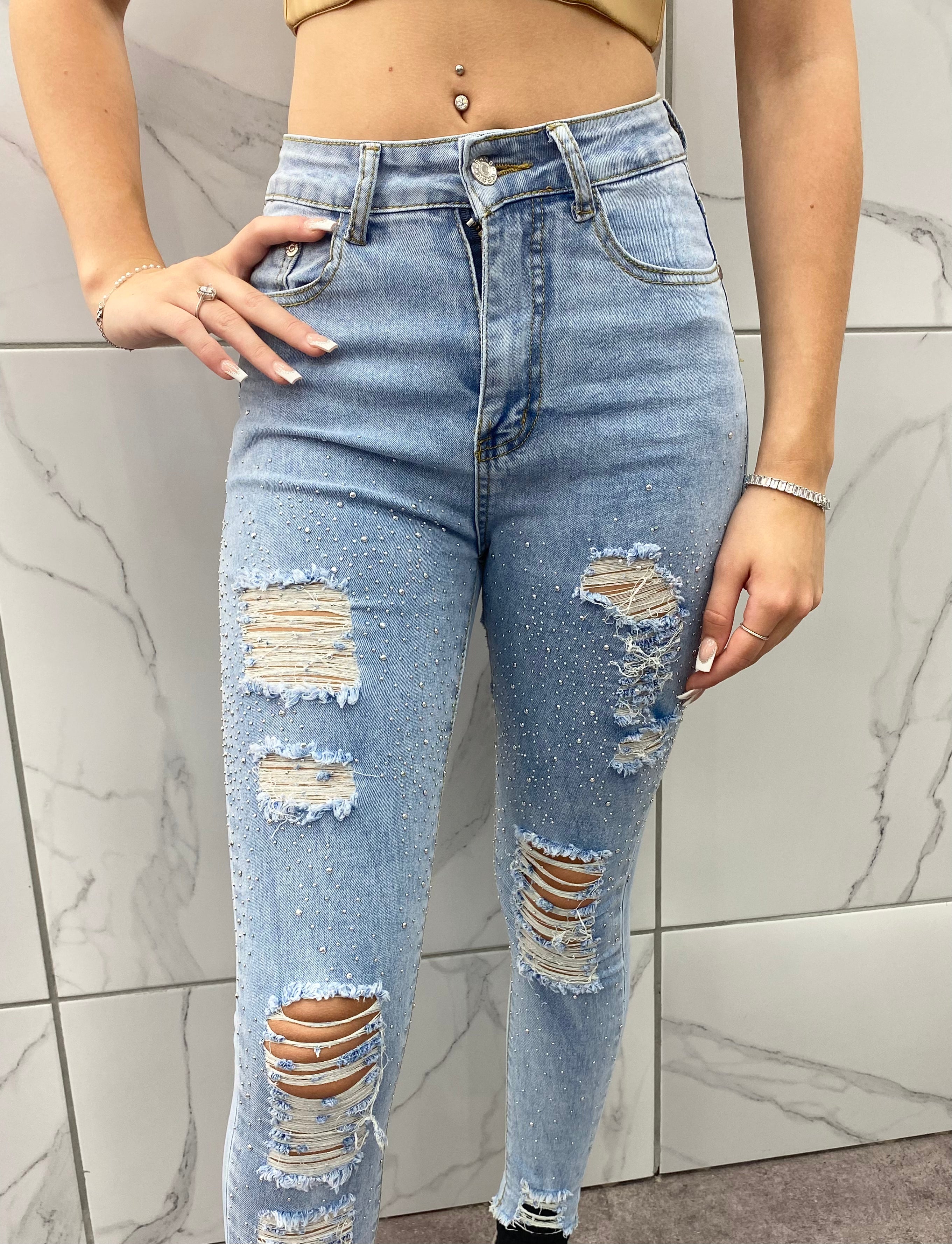 BLUE DISTRESSED STRETCH DENIM DIAMOND STUDDED HIGH WAIST JEANS