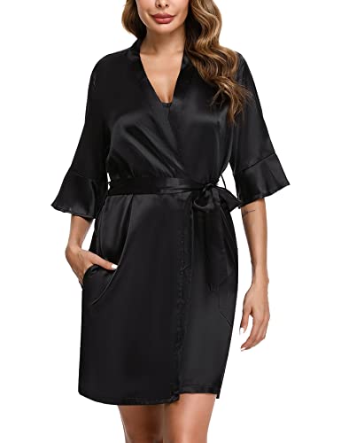 Sykooria Women's Dressing Gown, 2 Pieces Silk Satin Short Kimono