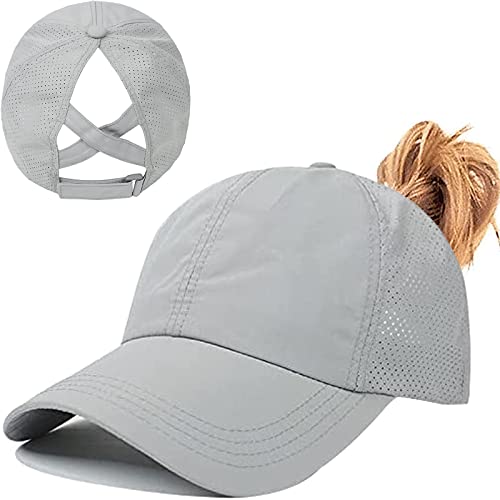 Women's Distressed Ponytail Baseball Cap - Criss Cross Back For High Ponytail & Messy Bun, Adjustable Trucker Hat (Rose Red)