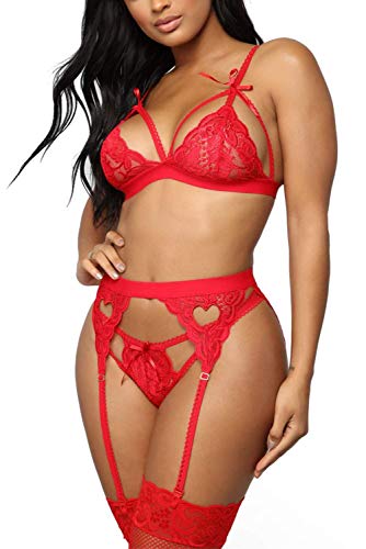 EVELIFE Women Lace Lingerie Set with Garter Belt 3 Pieces, Sexy