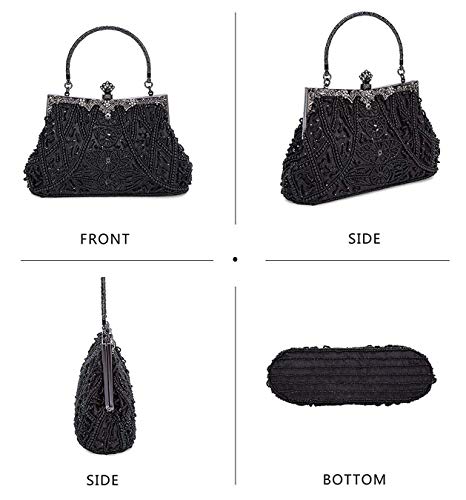 Selighting 1920s Vintage Beaded Clutch Evening Bags For Women Formal Bridal Wedding Clutch Purse Prom Cocktail Party Handbags (Black)