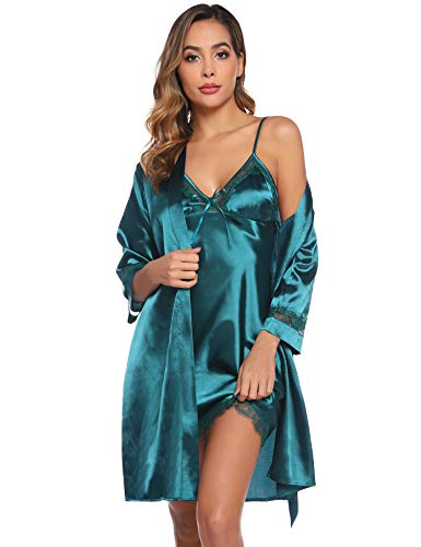 Sykooria Women's Dressing Gown, 2 Pieces Silk Satin Short Kimono