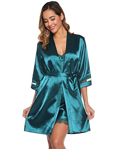 Sykooria Women's Dressing Gown, 2 Pieces Silk Satin Short Kimono