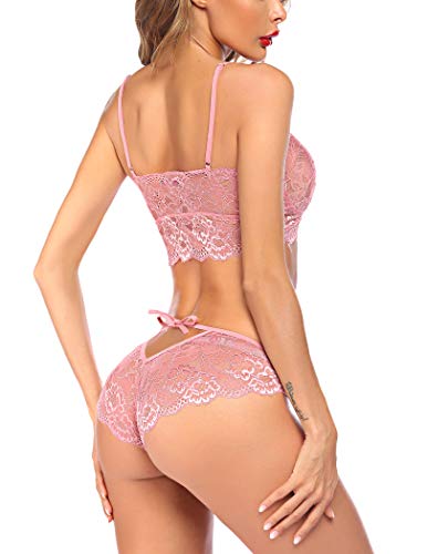 ohyeahlady Women Lingerie Set Sexy Lace Bra Bralette and High Waisted  French Knickers Lace Panties Briefs Sets (Wine Red, XS-S)