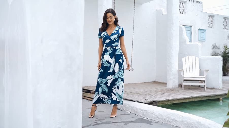 PCEAIIH Women's Maxi Dress Casual Deep V Short Sleeve Floral Ladies Wrap Long Dress with Pockets - Style Heist Style Heist PCEAIIH Women's Maxi Dress Casual Deep V Short Sleeve Floral Ladies Wrap Long Dress with Pockets - Style Heist Style Heist