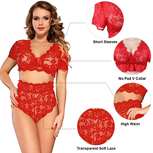 ohyeahlady Lace Lingerie Set for Women Short Sleeve Bra and High Waist Panty  2 Piece Underwear Set Dark Red at  Women's Clothing store