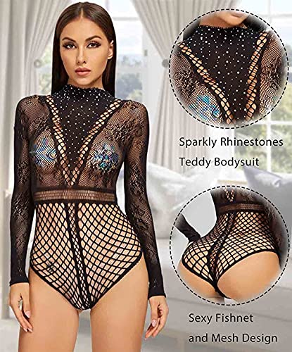 Women Lingerie Fishnet Bodysuit Sparkle Sexy Mesh Teddy Lingerie
