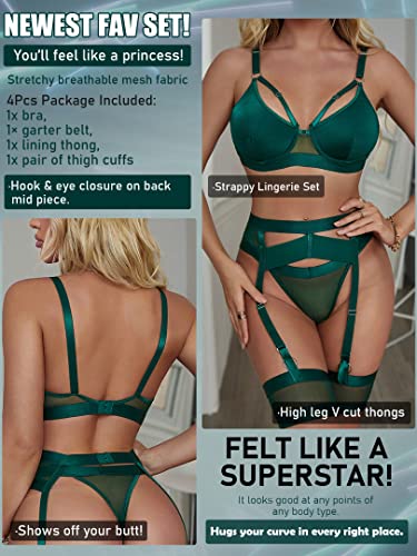 Sexy Lingerie Set For Women 4 Piece Bra And Panty Set With Garter Belt  Strappy Lingerie Set With Thigh Cuffs