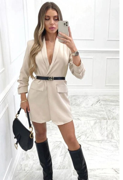 Kimi - Ruched Sleeve Belted Blazer Dress Beige – Style Heist