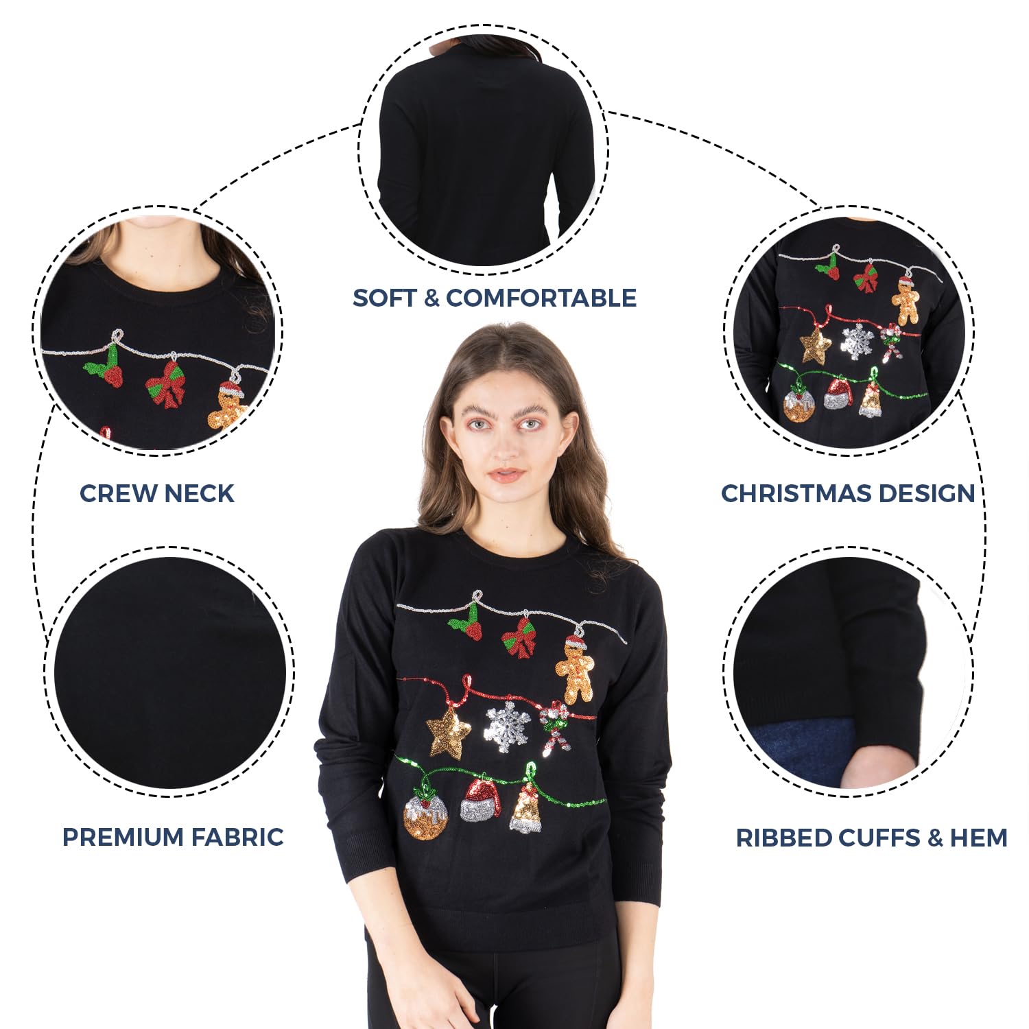 NOROZE Women's Christmas Tops Sweatshirts Sequin Jingle Bells