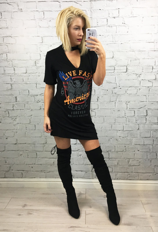 T shirt dress sales with thigh boots