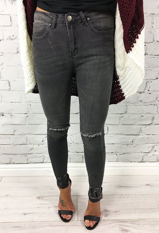 Imani Dark Grey Distressed Rip Knee Skinny Fit Jeans Style Heist