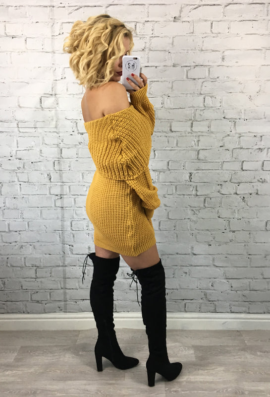 Mustard Bardot Knitted Hailee Jumper Dress Style Heist