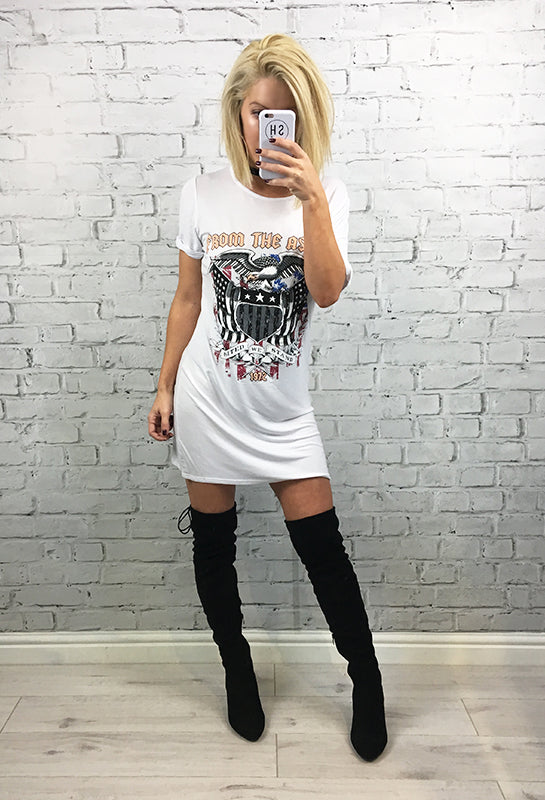 Oversized t shirt dress with thigh high boots top